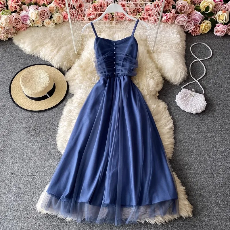 Summer Sleeveless Sling Gauze Tulle Dress Women Sexy Backless Strapless Long Dresses Sweet Mesh Blue Party Dress Vestidos