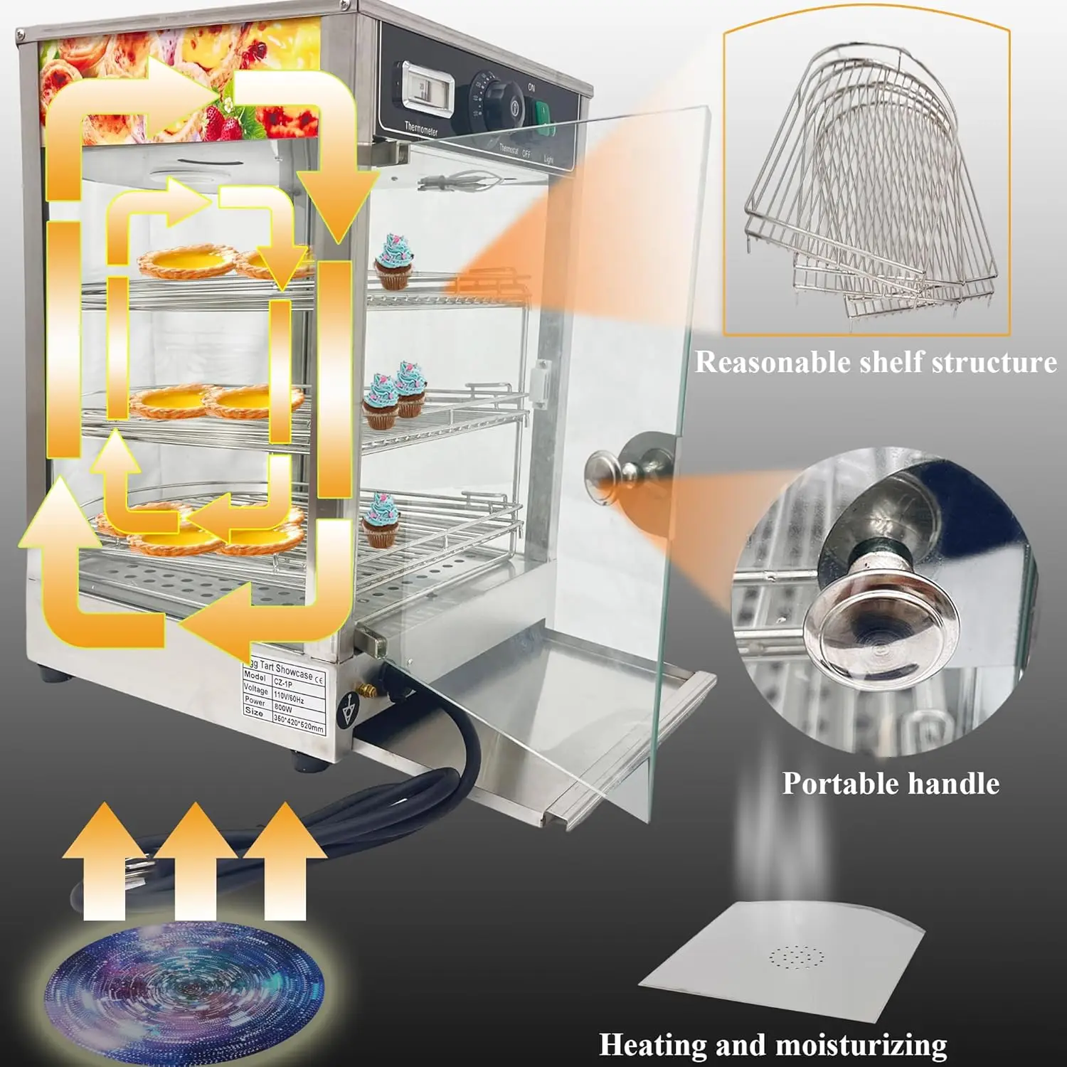 سخان الطعام التجاري 3 طبقات علبة عرض الطعام على سطح الطاولة، 110 فولت 850 وات سخان البيتزا من الفولاذ المقاوم للصدأ مع عرض درجة الحرارة