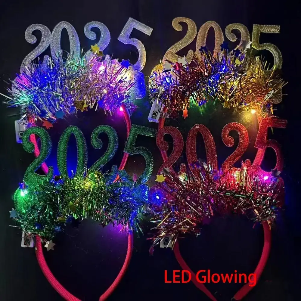 

Sequin 2025 Happy New Year Headband Number Letter Plastic LED Glow Christmas Headpiece Crown Hair Hoop Photographic Headwear