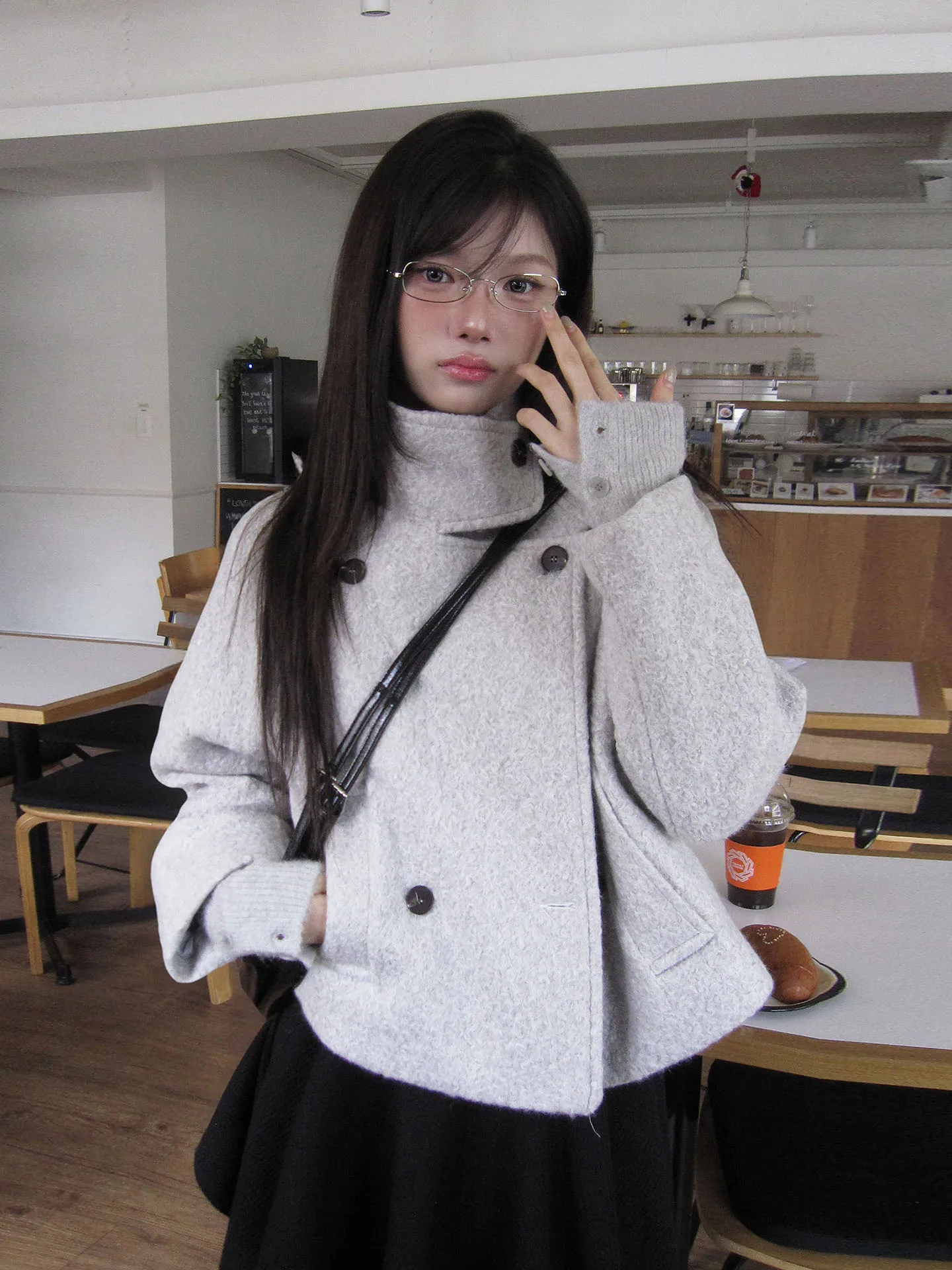 

Retro Versatile Stand Collar Double Button Pure Color Woolen ort Coat Women's Autumn Winter New Loose Fit Small Size Coat