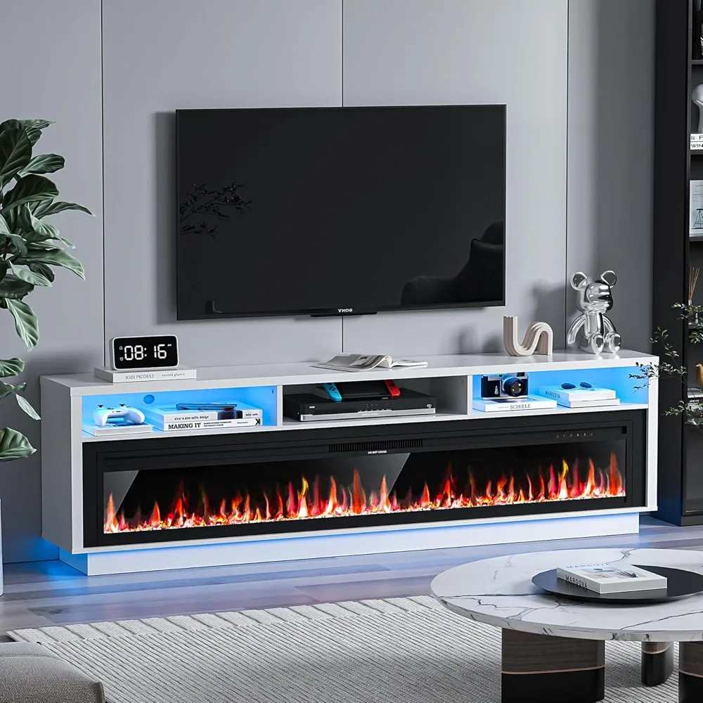 Soporte para TV con chimenea de 70" para televisores de hasta 80" con chimenea eléctrica de 64", consola para TV para la sala de estar, entretenimiento con luz LED C