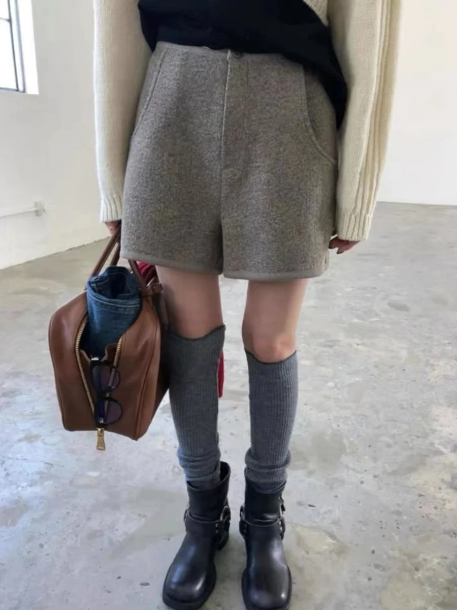 하이웨이스트 쇼츠 여성용 하이웨이스트 캐주얼 울 캐주얼 와이드 레그 버튼 여성용 쇼츠 반바지 쇼츠 반바지