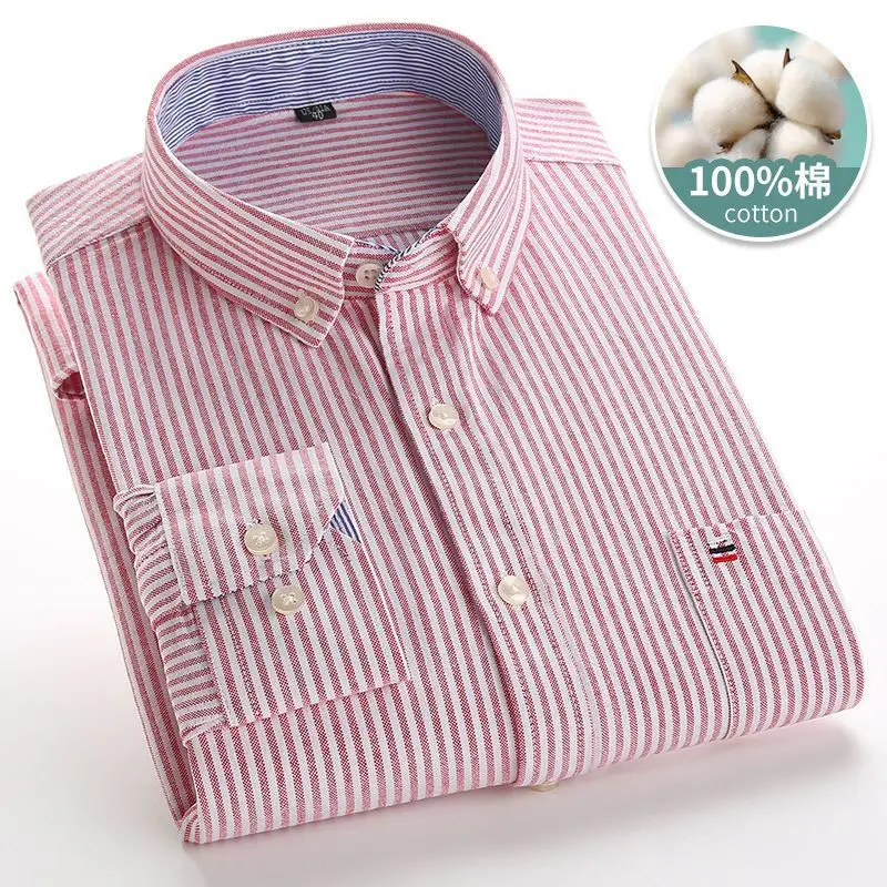 Men\'s Oxford cotton shirt with plaid stripes, long sleeved pockets, casual shirt, regular style, button up shirt size S~7XL