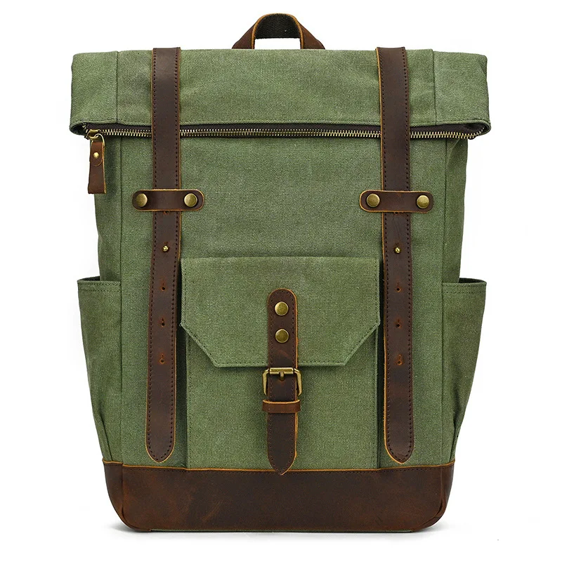 

Retro Men's Canvas Shoulder Leather Large Capacity School Bag Crazy Horse Leather Travel Backpack Stylish Simple Casual Versatil