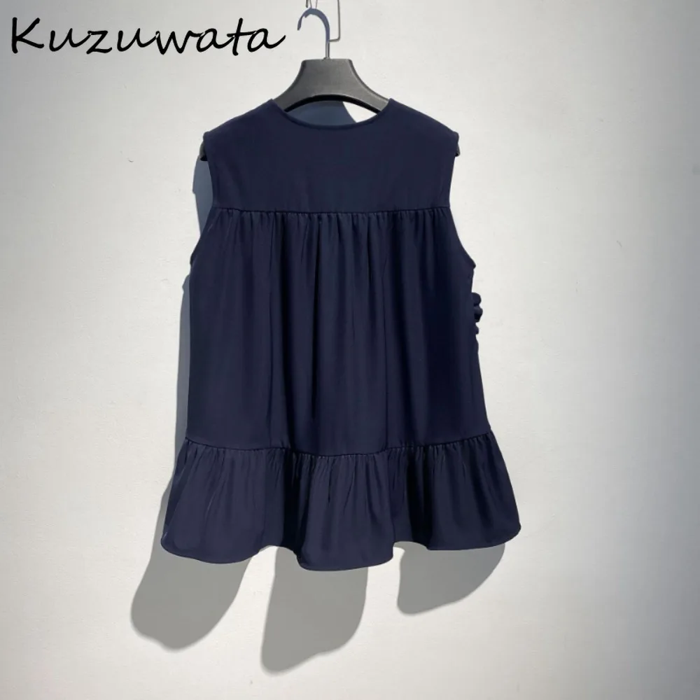 Kuzuwata Lovely Fungus Sleeveless O Neck Vest Single Breasted Sweet Ruched Temperament Tops Japan All-match Patchwork Casual Top