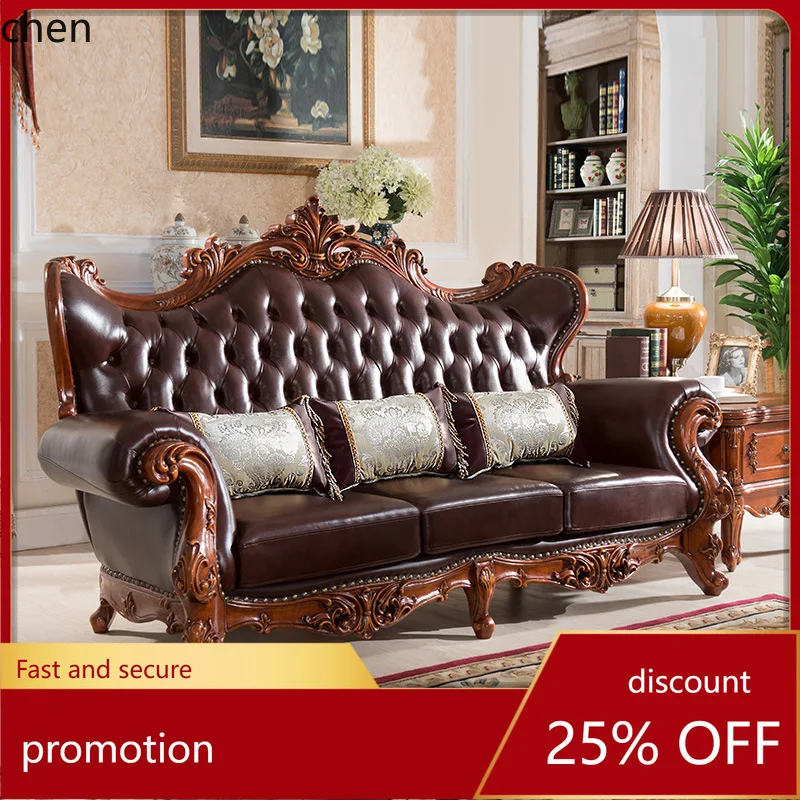 

CZ Solid Wood Sofa Living Room Furniture Genuine Leather Sofa Set Villa Furniture