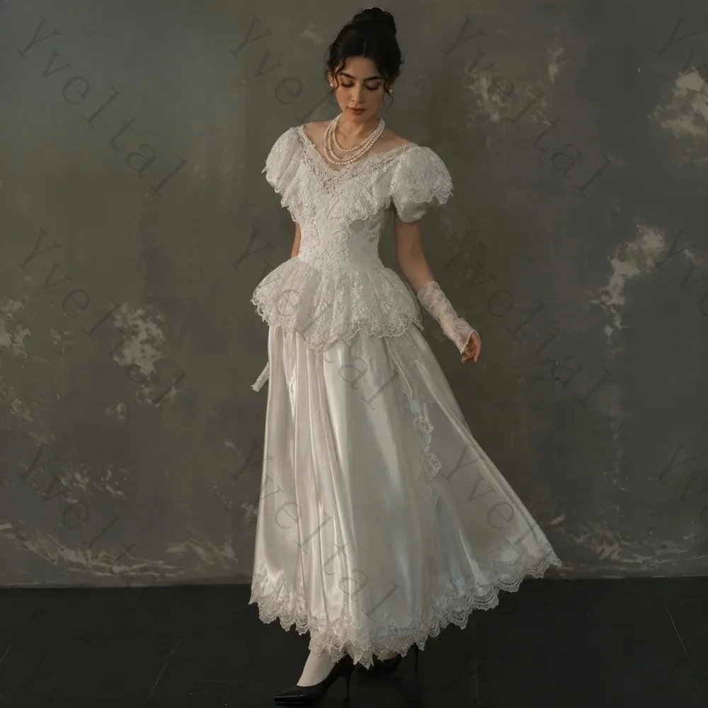 Customized Graceful Temperament Silk Satin Wedding Dresses A-line Ankle-length Lace Applique Fascinating Fashion Bridal Gown