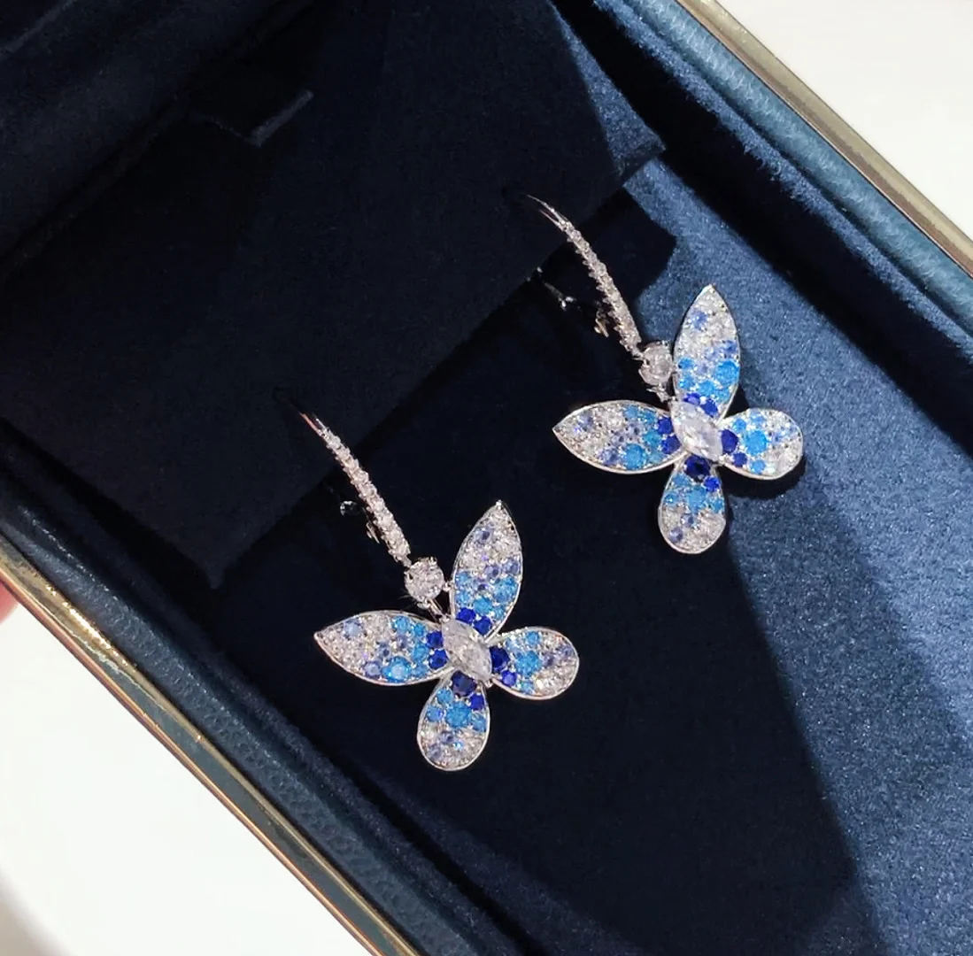 Nuevos pendientes o anillos de plata 925 con diamantes de alto contenido de carbono de doble color azul o collar, joyería de lujo, regalo de fiesta