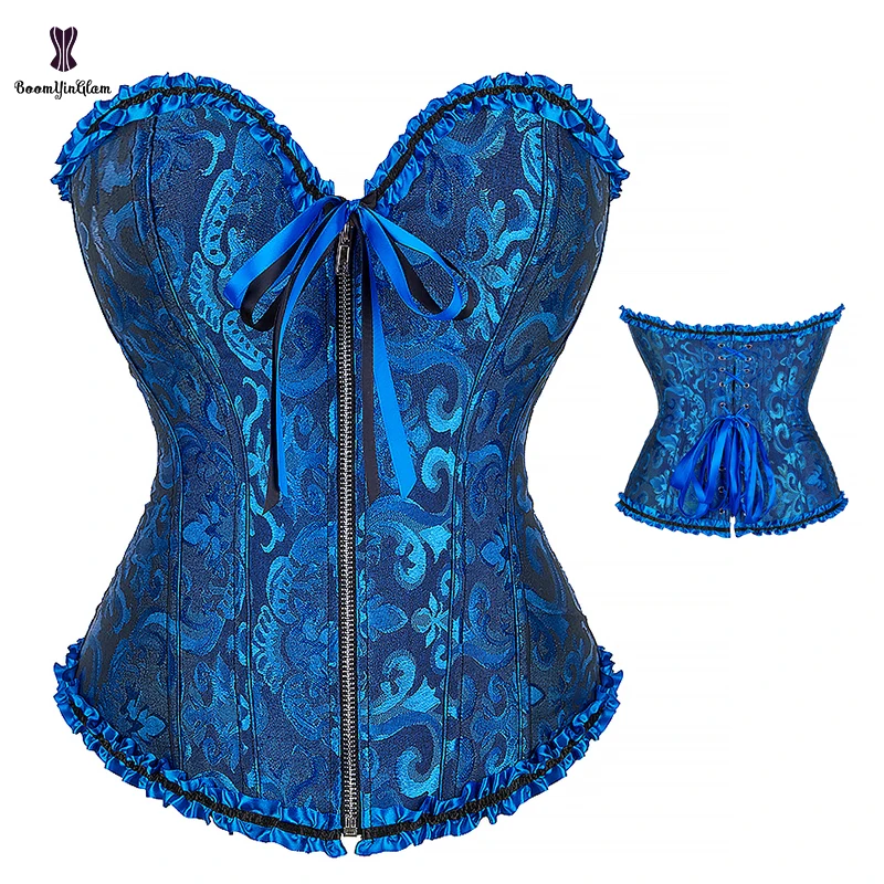 Green Blue Bodices Lace Up Boned Korsett Woman Plus Size Bow-knot Bustier Top Overbust Corset With Zip