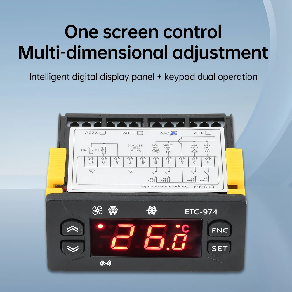 DC 12V/24V AC 110V/220V ตัวควบคุมอุณหภูมิ -50~110 ℃   ตัวควบคุมอุณหภูมิคอมเพรสเซอร์/ฟรอสต์/พัดลม 3 in 1 พร้อมหัววัดกันน้ํา