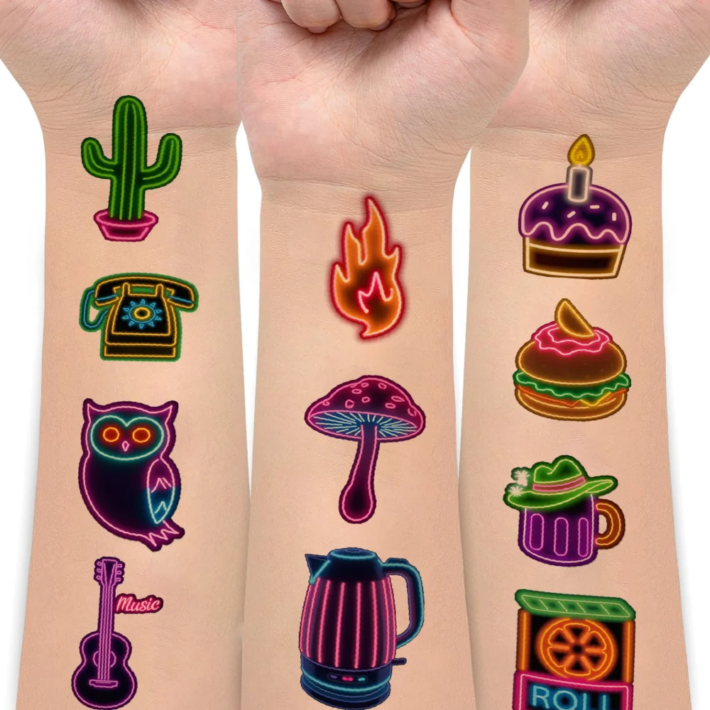 63pcs Temporary Tattoo Neon Stickers Temporary Tattoo Stickers Colorful Stickers For Girls Cheeks Children