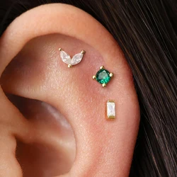 3Pieces 0.8mm Square Round Zircon Earrings Set for Stainless Steel Conch Rook Tragus Stud Hypoallergen CartilagePiercing Jewelry