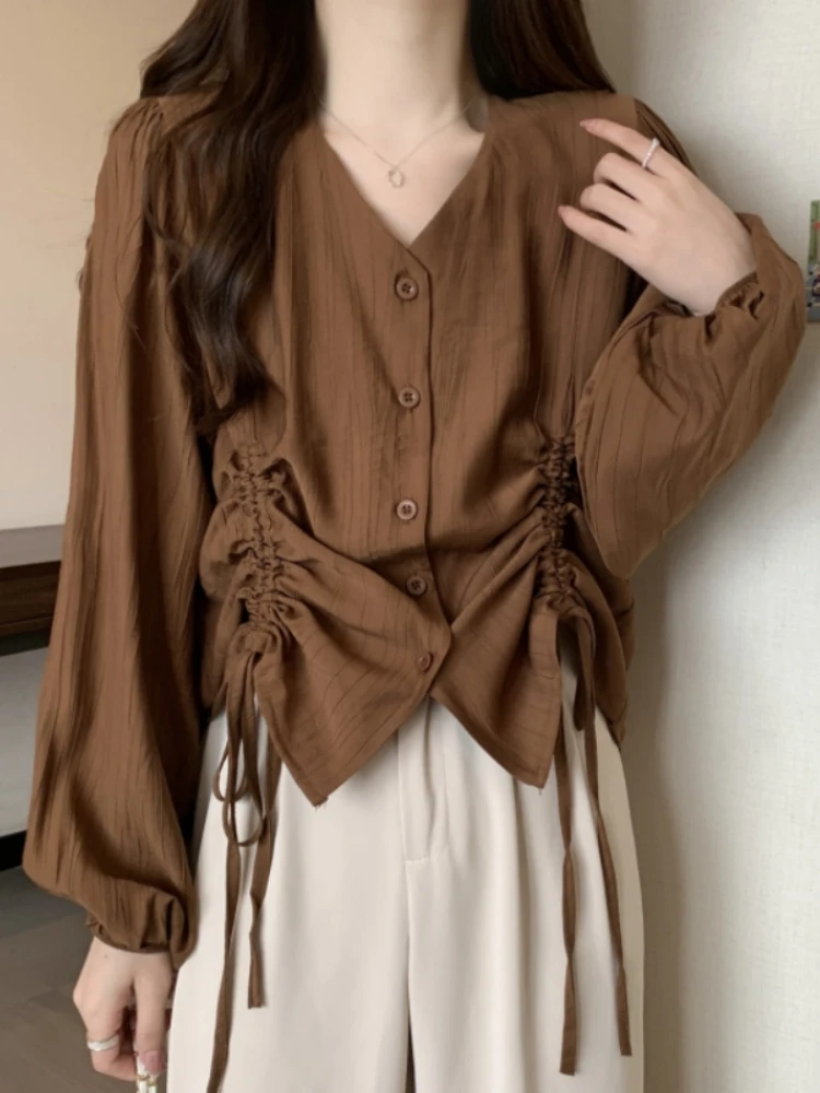 

Slimming V-Neck Long Sleeve Shirt Women's Spring Autumn plus Size Conceals Belly Design Drawstring Short Style Top