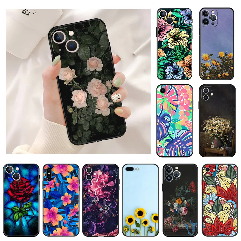 Silicone Black Phone Cases for iphone 16 Pro Max 7 8 14 15 Plus SE XR 11 12 13 Mini 15Pro Leaf Red Rose Pink Daisy Soft Cover