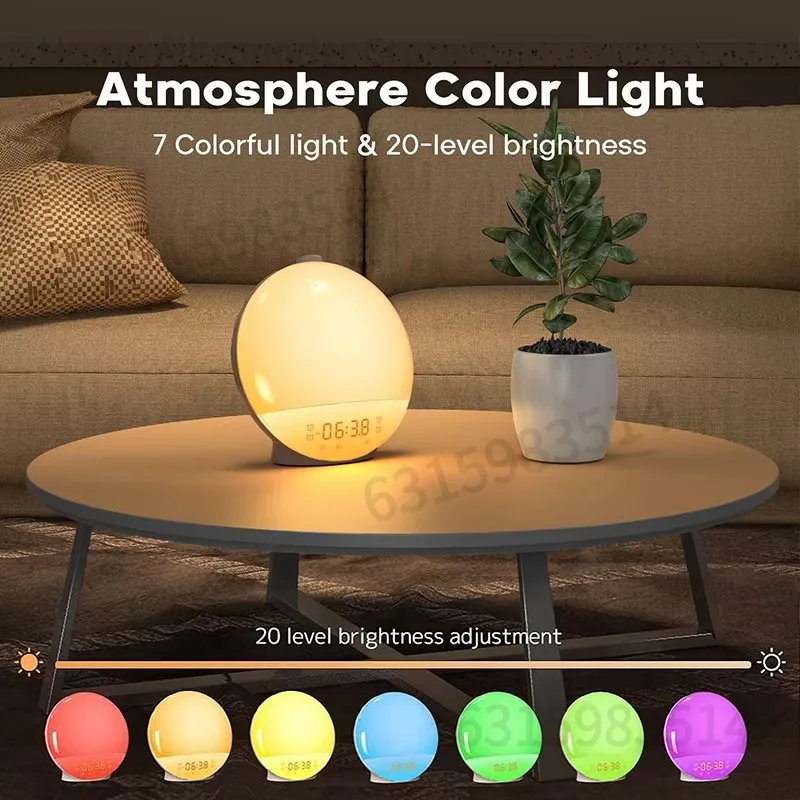 ساعة منبه لشروق الشمس مع ضوء ليلي وراديو FM وأصوات طبيعية وساعة مكتب للنوم الثقيل وغرفة النوم والمساعدة #3