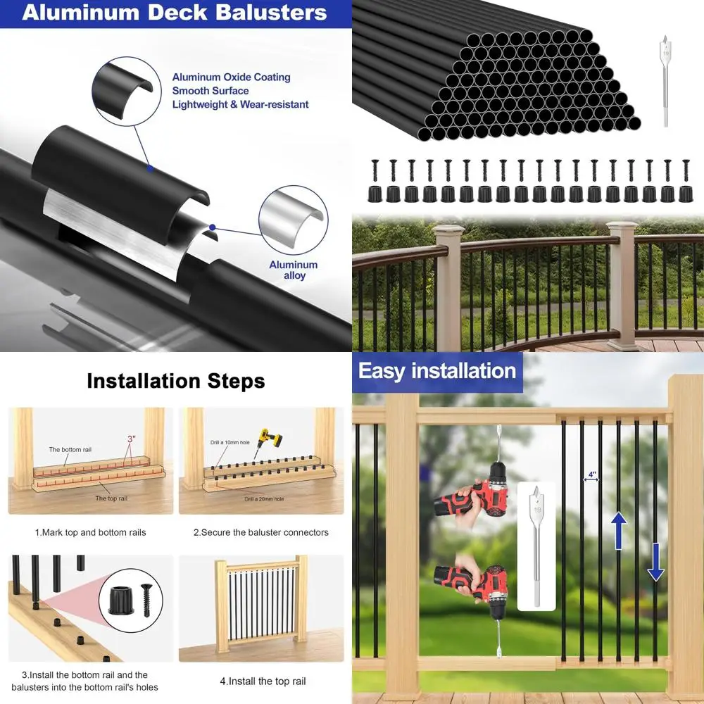 

32 Hollow Round Deck Balusters, 100 Pack with Continuous Screws, 3/4 OD, Black Metal Railing Spindles for Staircases