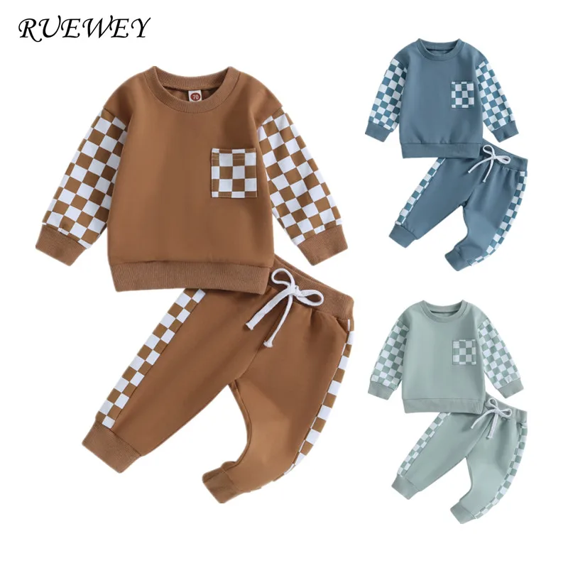 RUEWEY Children's Top and Bottom Sets Spring Autumn Checkerboard Patchwork Long Sleeve Sweatshirts and Elastic Waist Pants