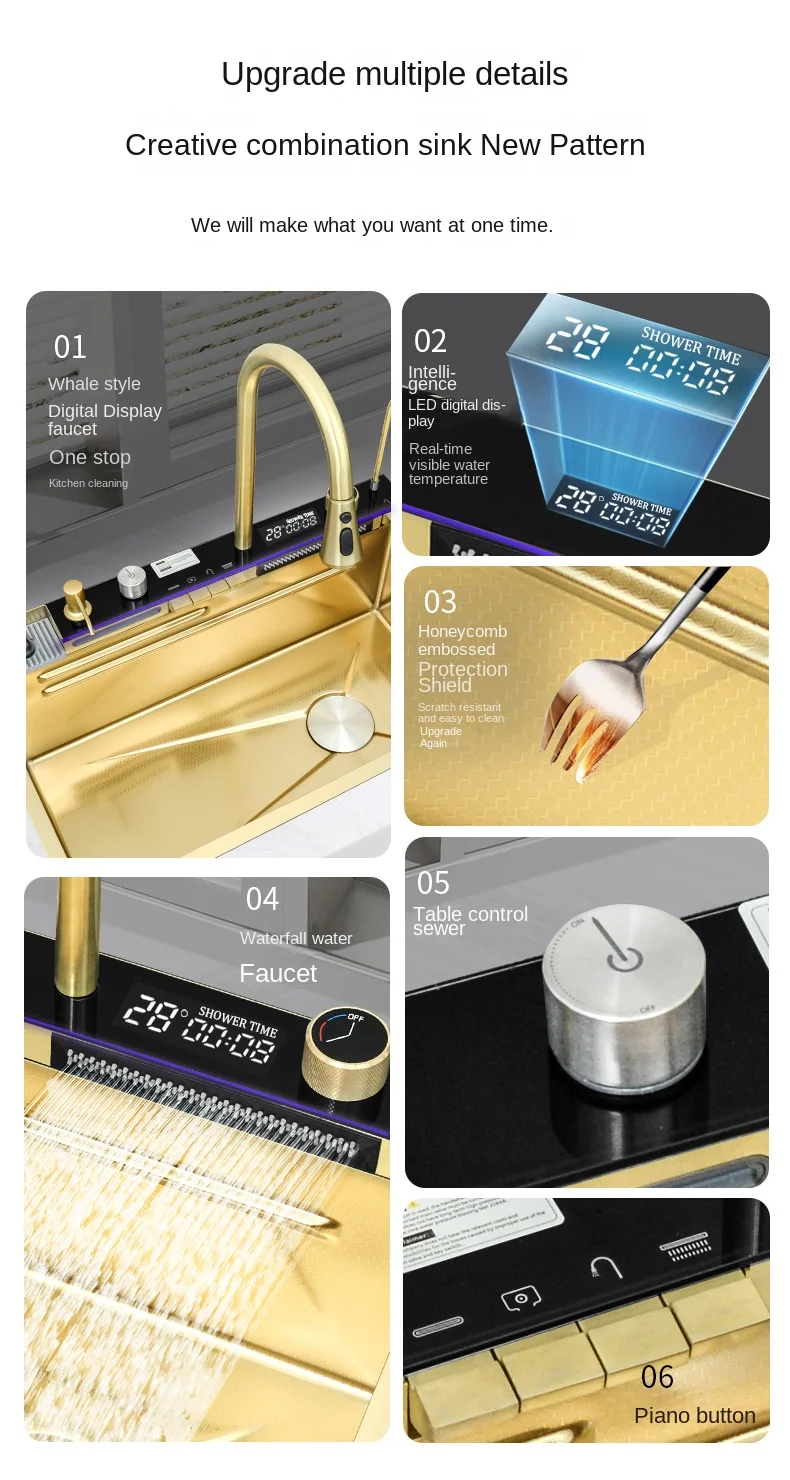 Lavello multifunzione a fessura singola grande in acciaio inossidabile 304 Display digitale a LED antigraffio lavello da cucina a cascata con tazza