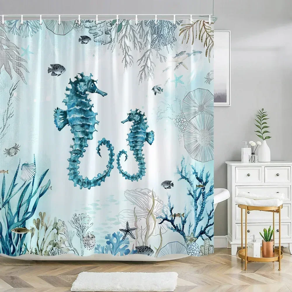 Blue Sea Turtle Shower Curtain Funny Ocean Animal Starfish Coral Tropical Fish Underwater Marine Life Curtains Bathroom Decor