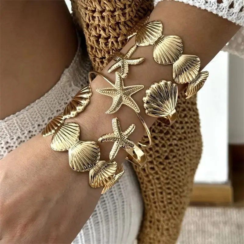 

5Pcs/Set Exaggerated Starfish Shell Wide Cuff Bangle for Women Metal Sea Star Stackable Bracelets Summer Beach Party Jewelry