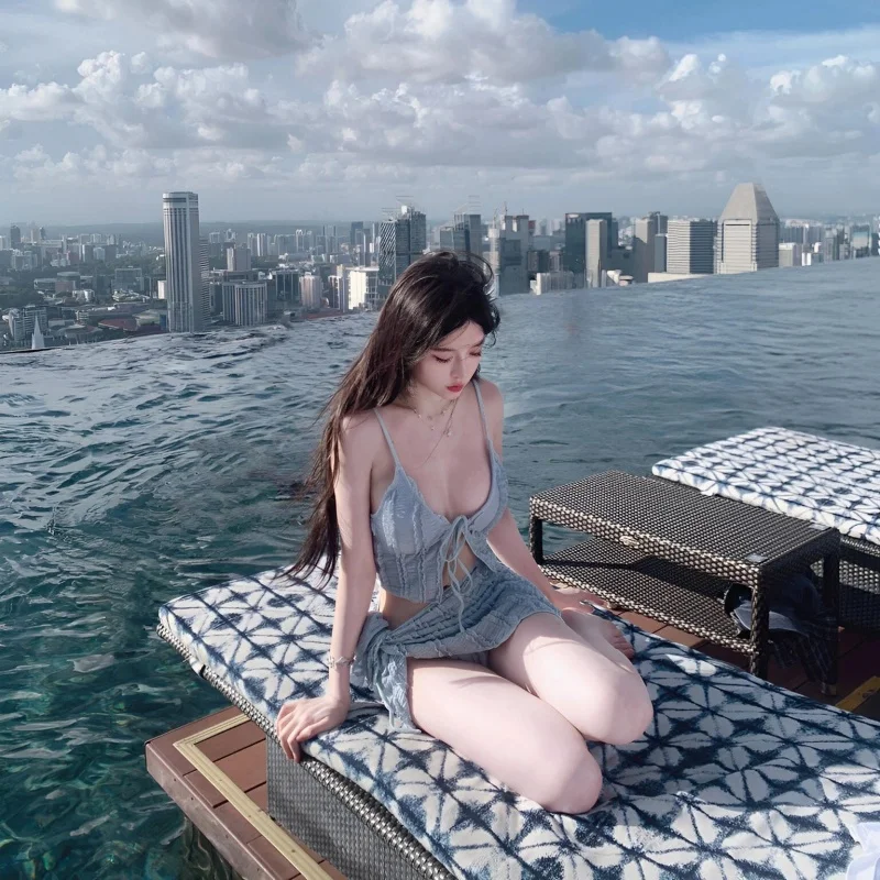 

2025 New Big Boob Bikini Tee Piece Set Swimwear Sexy Sweet Holiday Hot Spring Bathing Suit Women's High Waist Nylon Bikini