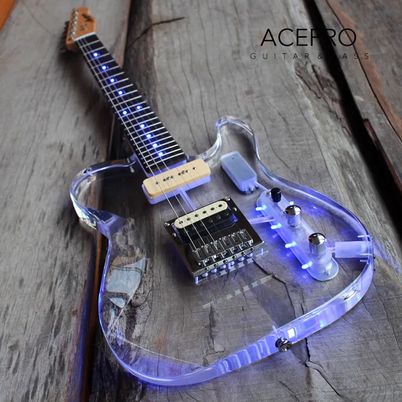 In Stock Acepro Blue LED Light Electric Guitar, Clear Acrylic Body Crystal Guitar, Maple Neck, Free Shipping Guitarra