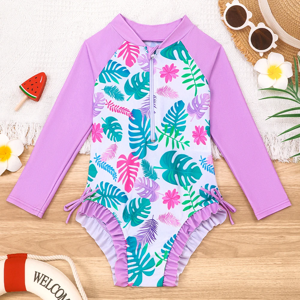 Baby Girls Swimsuit Long Sleeve Rash Guard Zipper Front Bathing Suit Hawaiian Swim Shirts Tropical Print Swimming Costume