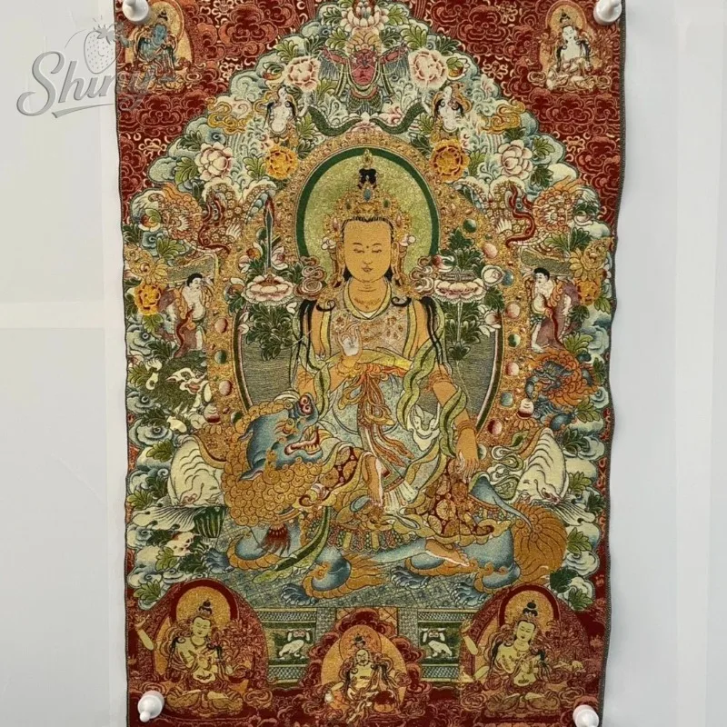 35.4″ Manjushri Bodhisattva Brocade Tibetan Tangka Embroidery Painting Gold Thread Embroidery Decorative Hanging Pictures