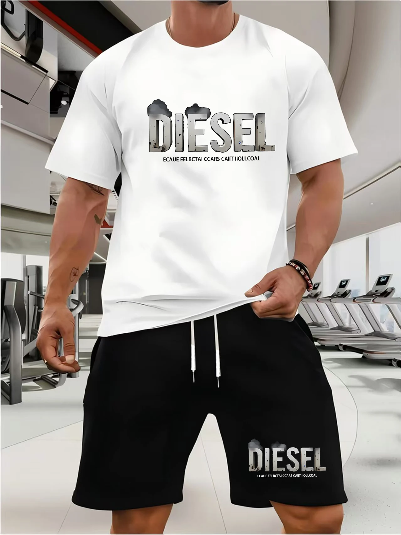 

2025 New Fashionable Design Men's T-shirt Men's Sports Drawstring Shorts Simple Printed Men's Two Piece Set Summer Sports Breath