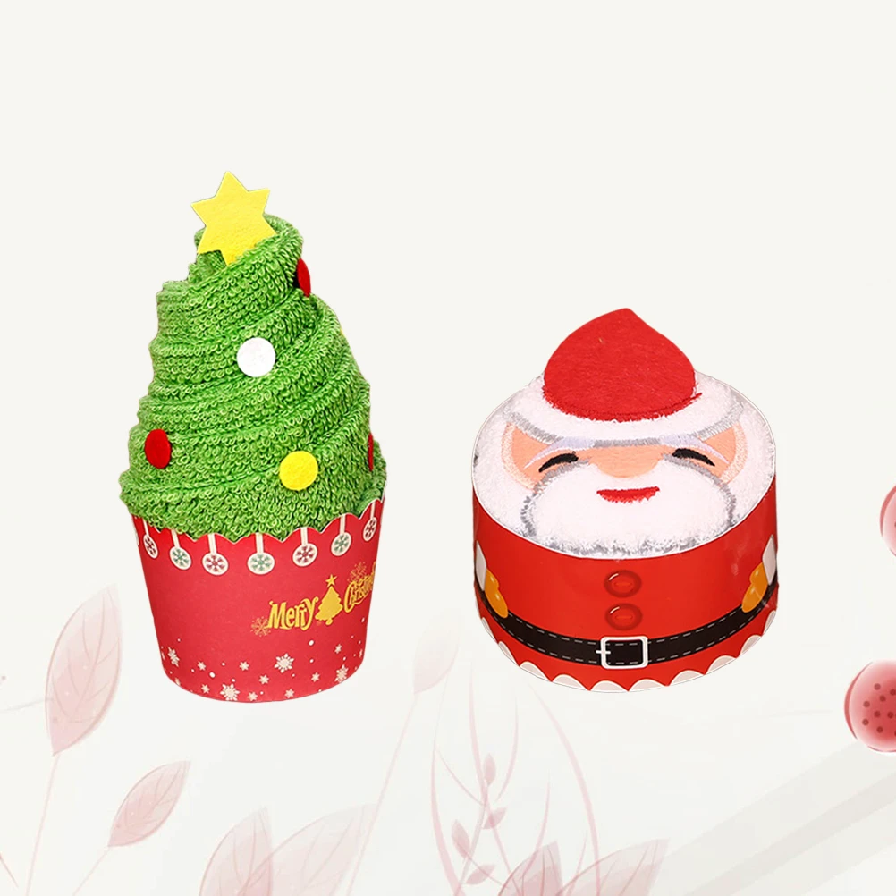 

2Pcs Christmas Santa Tree Cake Towels Gift Box Cartoon Cotton Hand Washcloths Soft Premium Material Kids Gifts