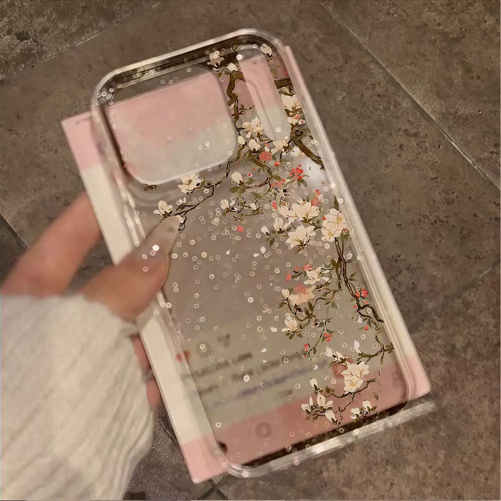 Vintage Magnolia Flower glitter Phone Case For iPhone 17 16 14 12 13 15 11 Pro Max Air 16 15 14 Plus 17E 16E X XR Soft TPU Cover view 3