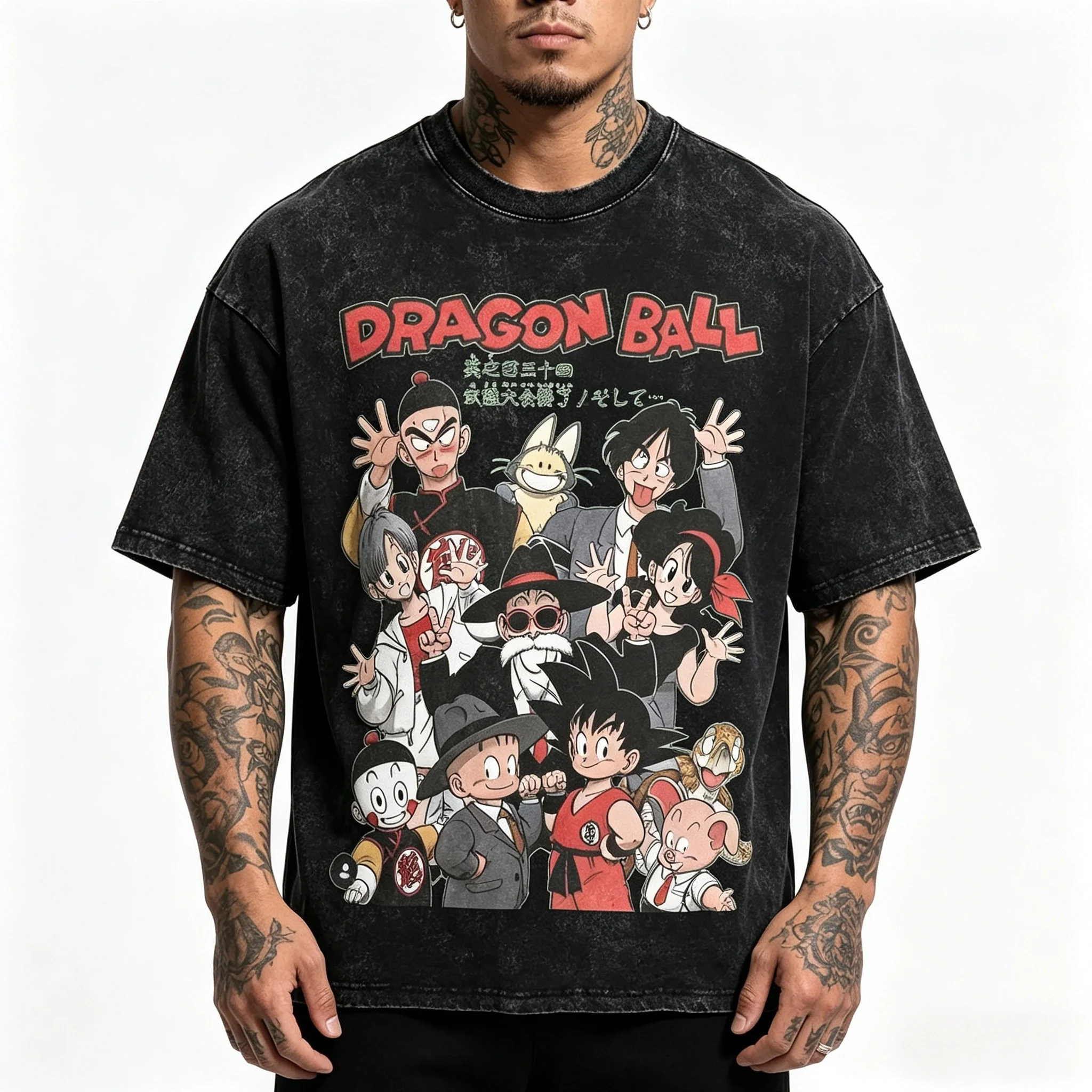 

Vintage Washed Black Dragon Ball Classic Characters Group Print 100% Cotton Crewneck Oversized Streetwear Unisex T-Shirt