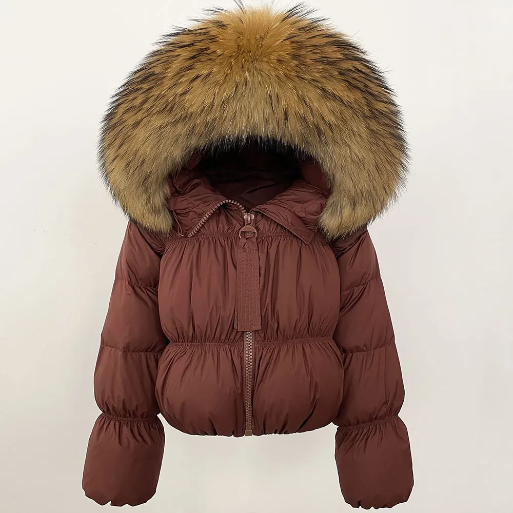 Real Fur Coat Hooded 2024 New Winter Puffer Jacket Women Real Raccoon Fur Collar White Duck Down Thickened Warm Belted