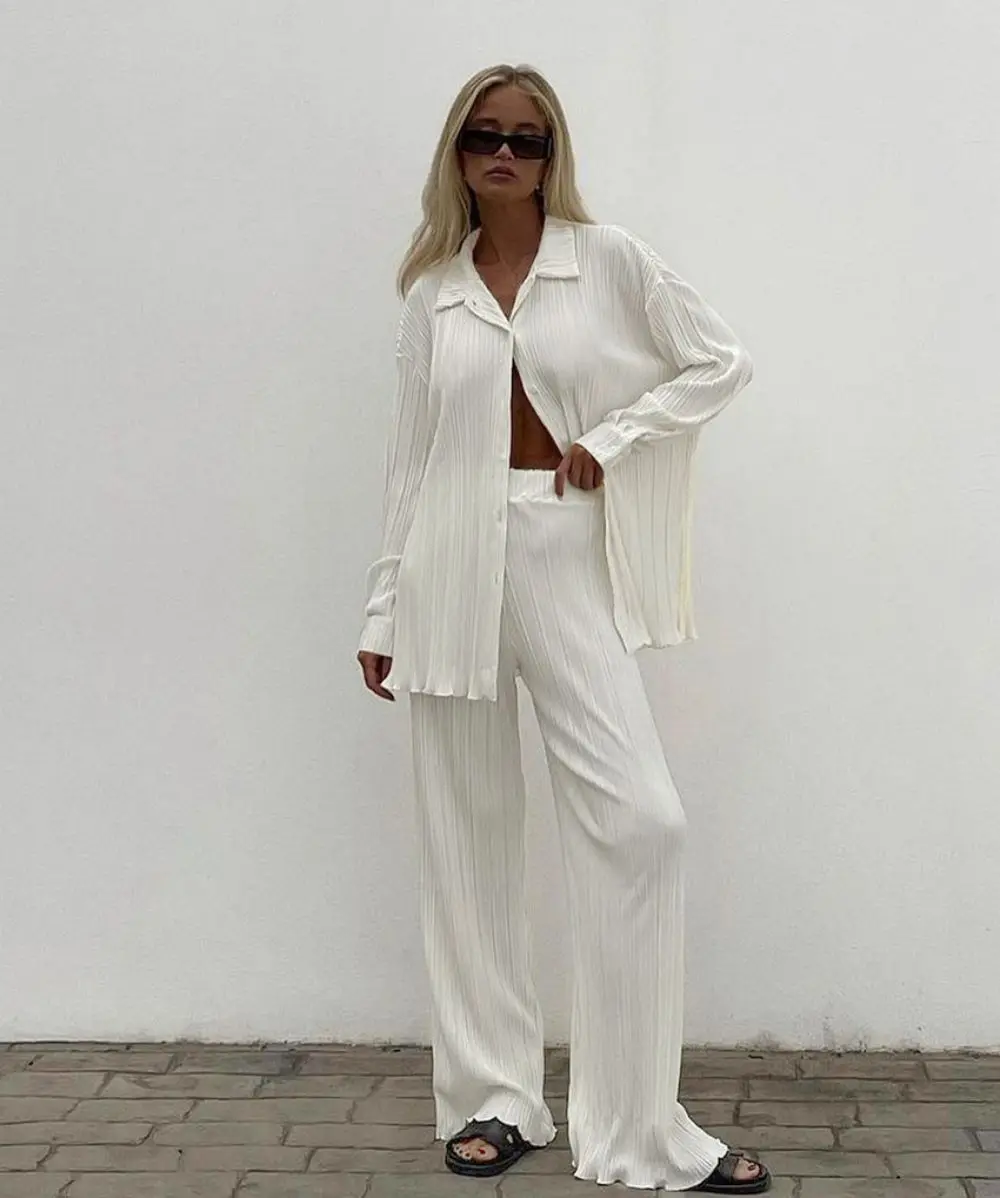 Beige Drape Loose Casual Women's Suit 2023 Fashion Resort Button Cardigan Shirt V -Neck Female Chic Top High Waist Trousers Suit