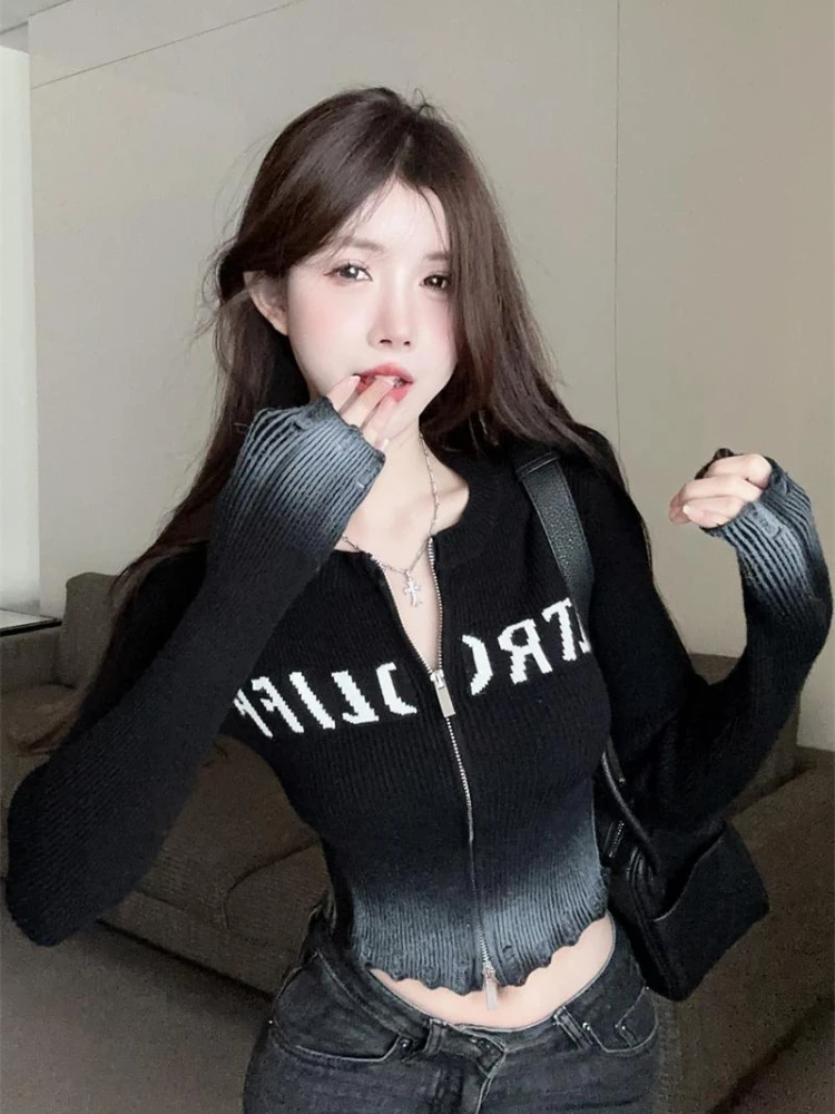 

Gothic Double Zipper Gradient Knitted Cardigan 2025 Autumn New Bottoming Coat Women American Vintage Y2k Slim Fit Sweaters
