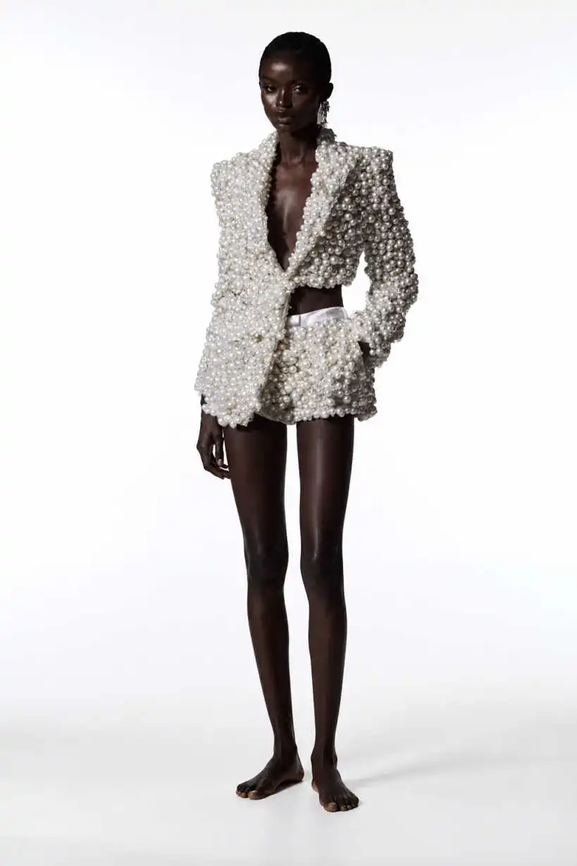 Customized Rhinestone Women Blazer Dress Full Pearls Beading Ladies Prom Evening Guest Wedding Wear Birthday Party Outfits 2 Pie