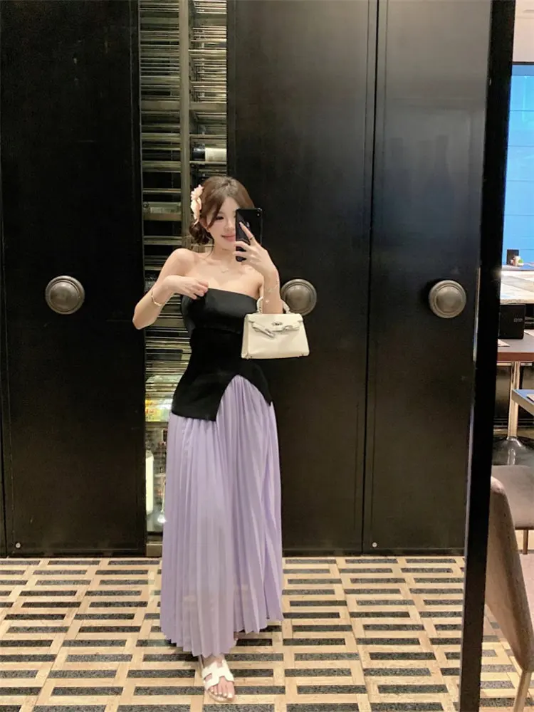 

Romantic Aosphere Bla ort Strapl Women's Set Clete OOTD Purple Pleated Skirt Casual Sle High Waist Spring Faion