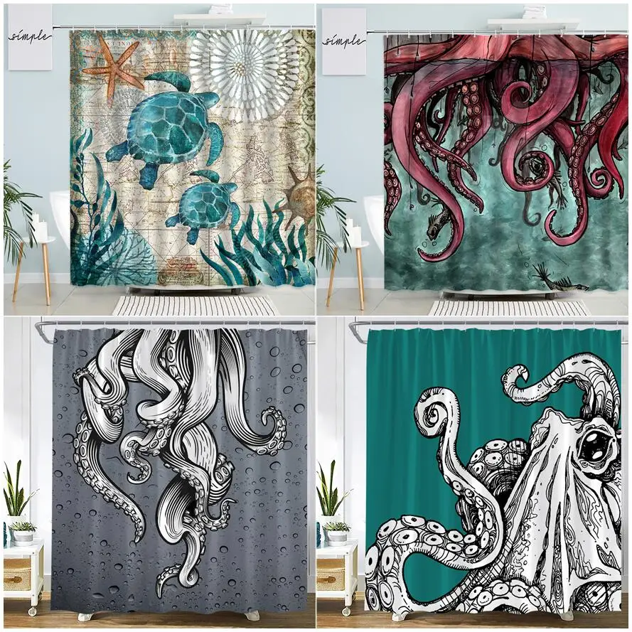 Marine Animals Octopus Shower Curtains White Tentacle Retro Map Starfish Green Plant Sea Turtle Bath Curtain Bathroom Decor Sets