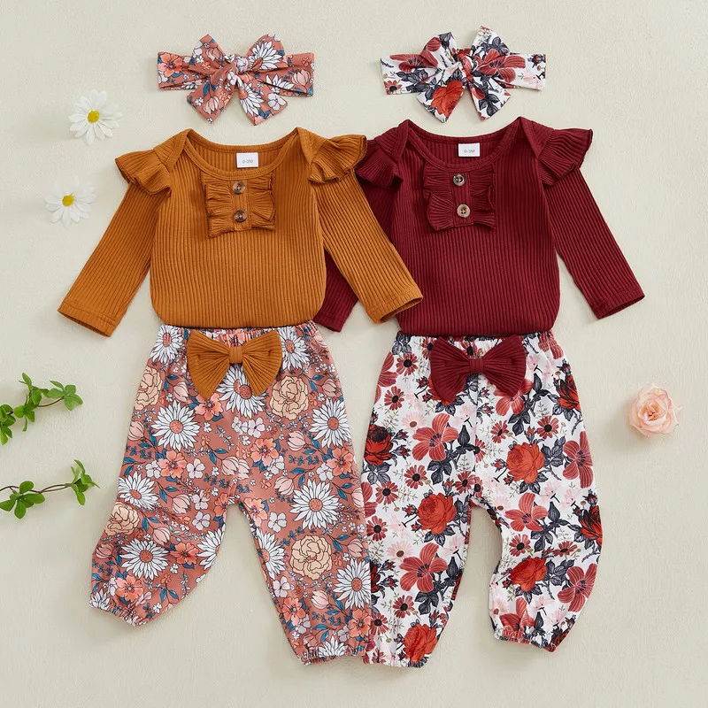 

0 to 18 Months Baby Girls 3PCS Pants Sets Spring Autumn Clothes Flying Sleeve O Neck Ribbed Bodysuit Floral Pants