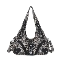 Women Vintage Leopard Print Handbags Punk Biker Satchel Top-handle Shoulder Bag Ladies Underarm Bags Multi-pockets Dumpling Pack