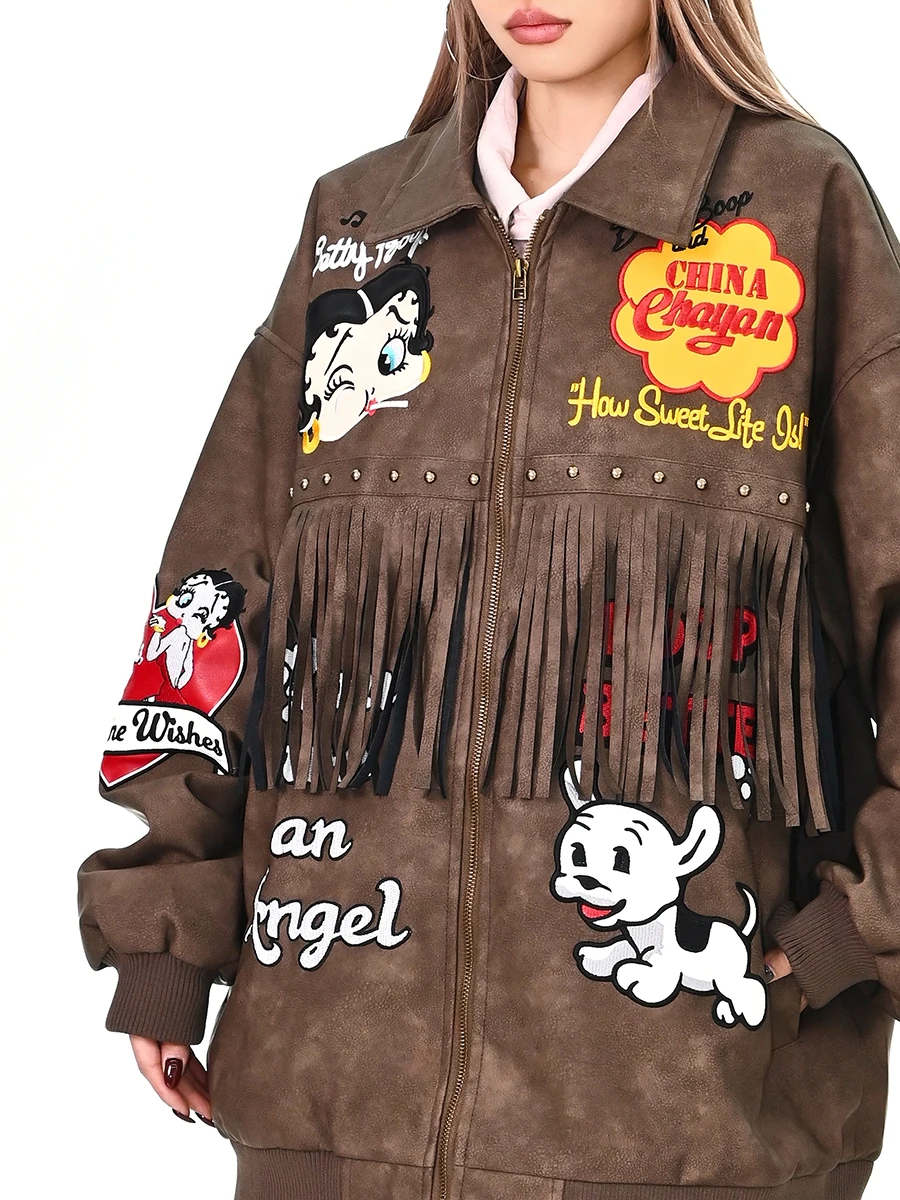 Giacca in Pelle con Frange per Donna, Stile Americano College, Primavera 2026, Streetwear Trendy Femminile