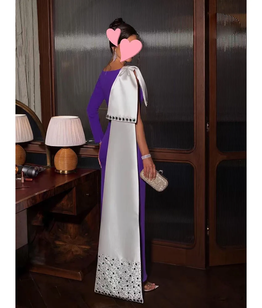 맞춤형 고급 크리스탈 장식 저지 스트레이트 3D 리본 이브닝 드레스 고품질 긴팔 O넥 바닥 길이 파티 가운