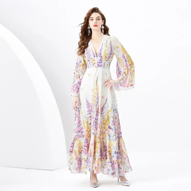 

Summer Holiday Gorgeous Cascading Cake Dress Women Flare Sleeve Deep V Neck Print Buttons Chiffon Bohemain Beach Robe Vestidos