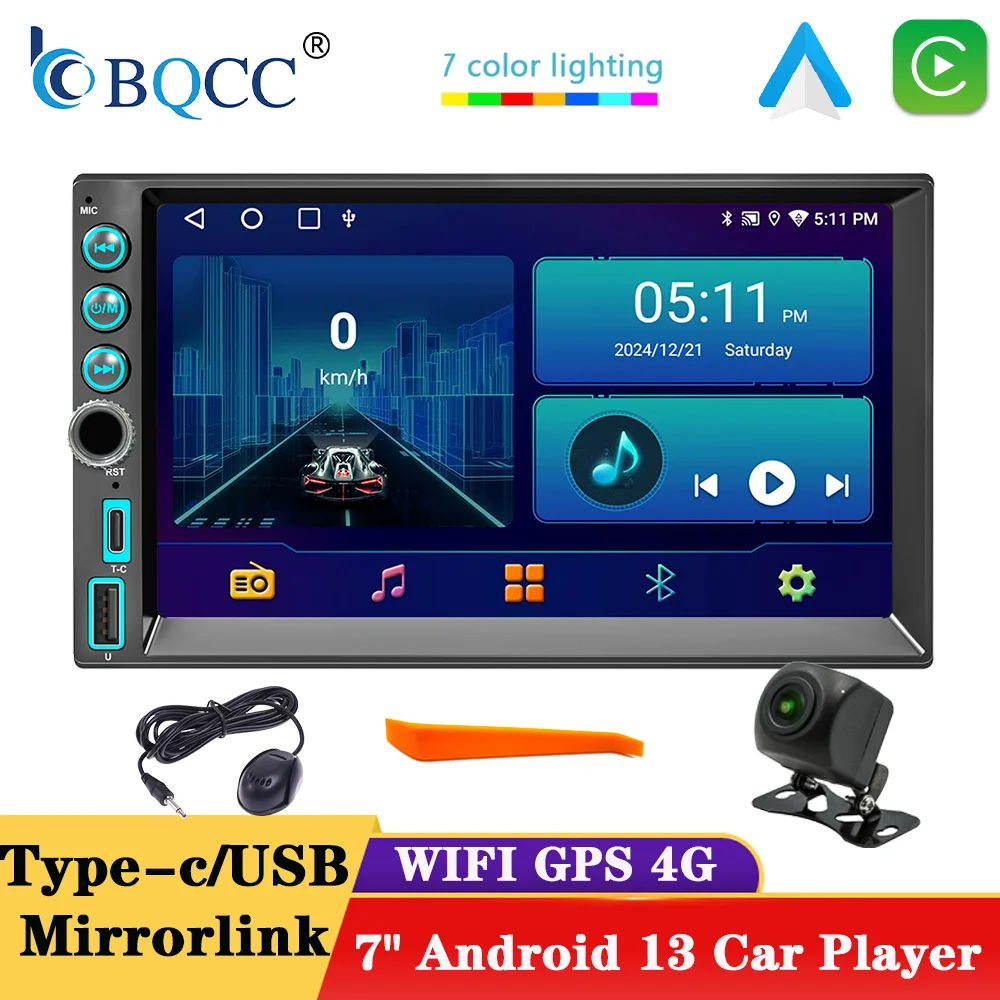 

BQCC 7" 2Din Android 13 FM RDS Car Radio Quad Core Mirrorlink Carplay Android Auto Car Stereo Wifi GPS Navigation Car Player