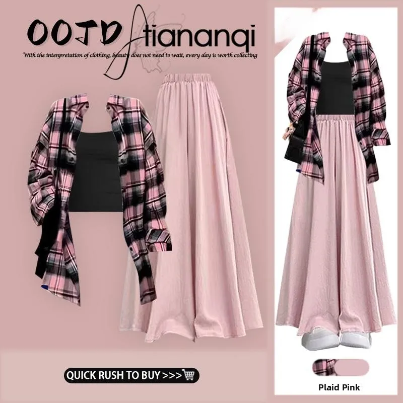 

Cool Korean Style Women's Fashion Shirt Strap Vest Slimming Skirt Three Piece Set Long Sleeve Collar Button down Garment