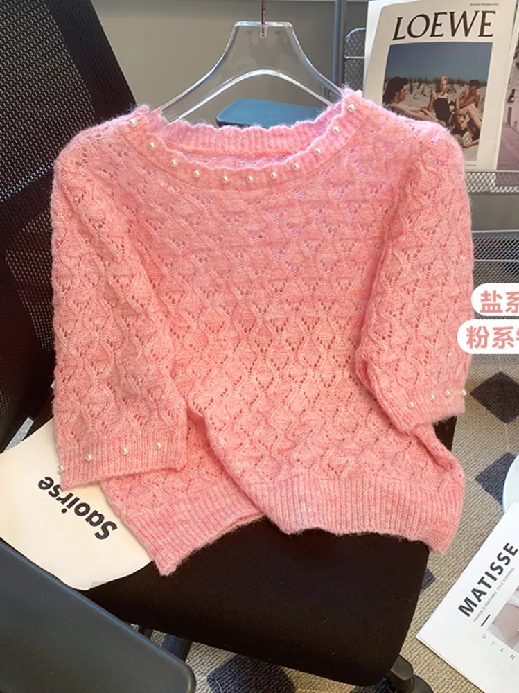 Summer Korean Version Hollow Sweet Nail Bead Round Neck Hollow Pullover Short-sleeved Knitted Sweater Women\'s Fashion Tee