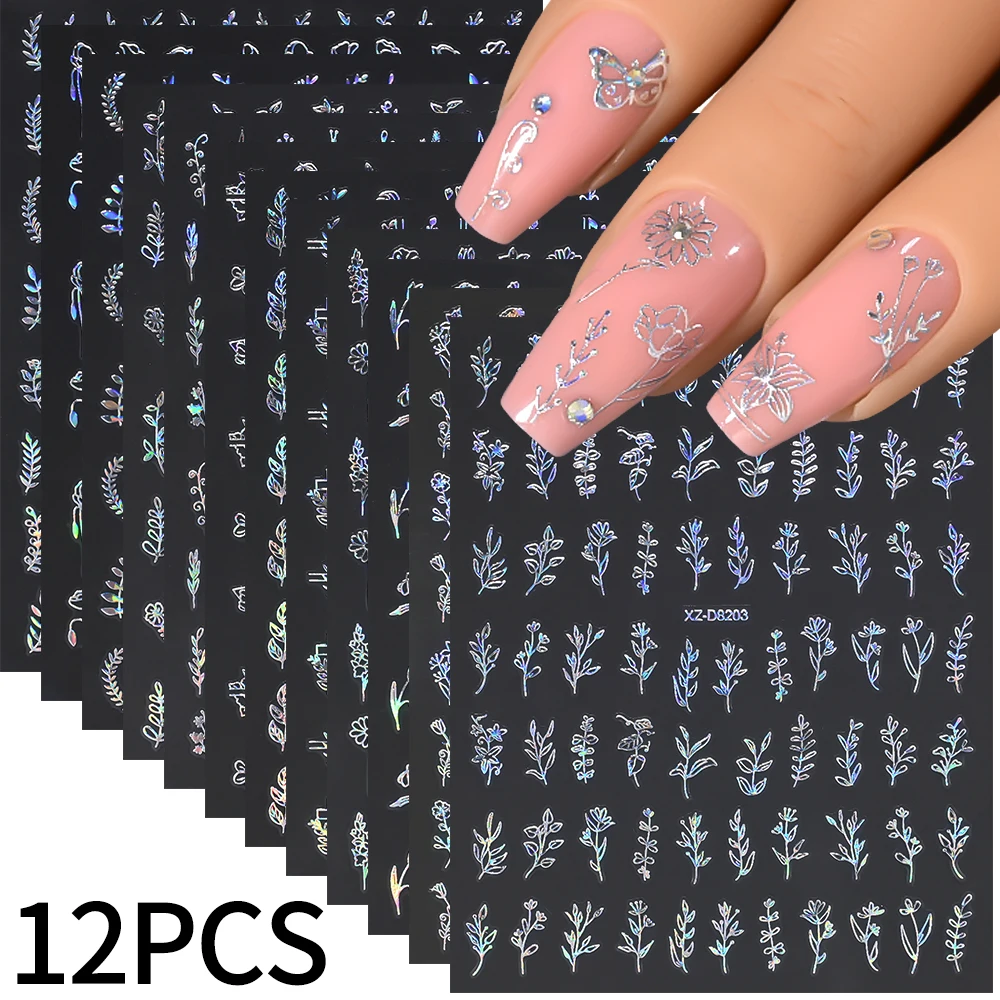12 Uds. De pegatinas 3D láser para uñas con hojas plateadas y flores, deslizadores adhesivos florales con hojas metálicas, calcomanías de línea rosa para decoración de uñas