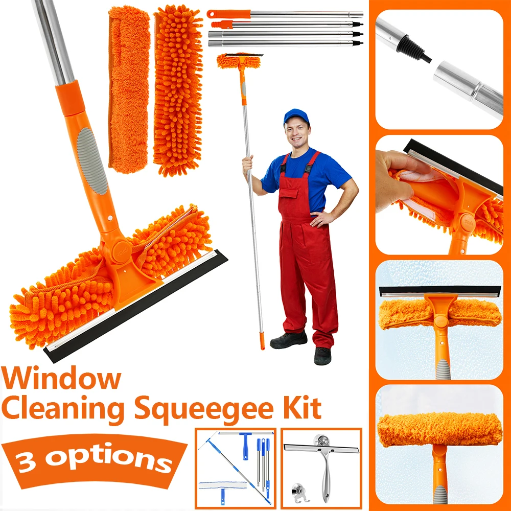 Window Cleaning Squeegee Kit Professional Multifunctional Window Squeegee with 2 Cleaning Pad Reusable Squeegee Window Cleaner