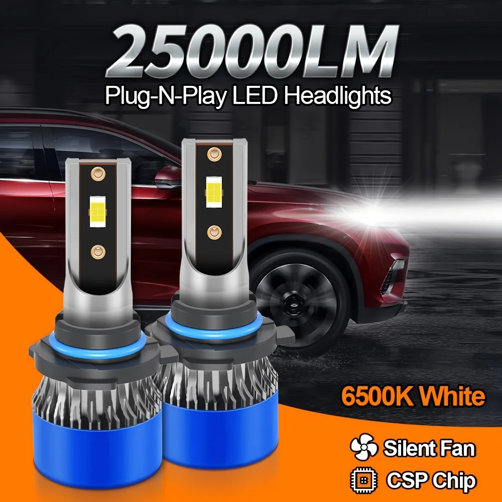 2pcs Bright Headlight 9005/HB3 25000LM Ultra-Bright Lamps 150W High Power CSP Chips 6500K White With Silent Fan Easy to Install