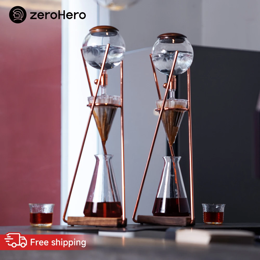 zeroHero Dingyuan Classic Ice Drip Maker 500ml Walnut Brass Base for Home Barista Cafe Cold Brew Coffee Brewing Kits Set